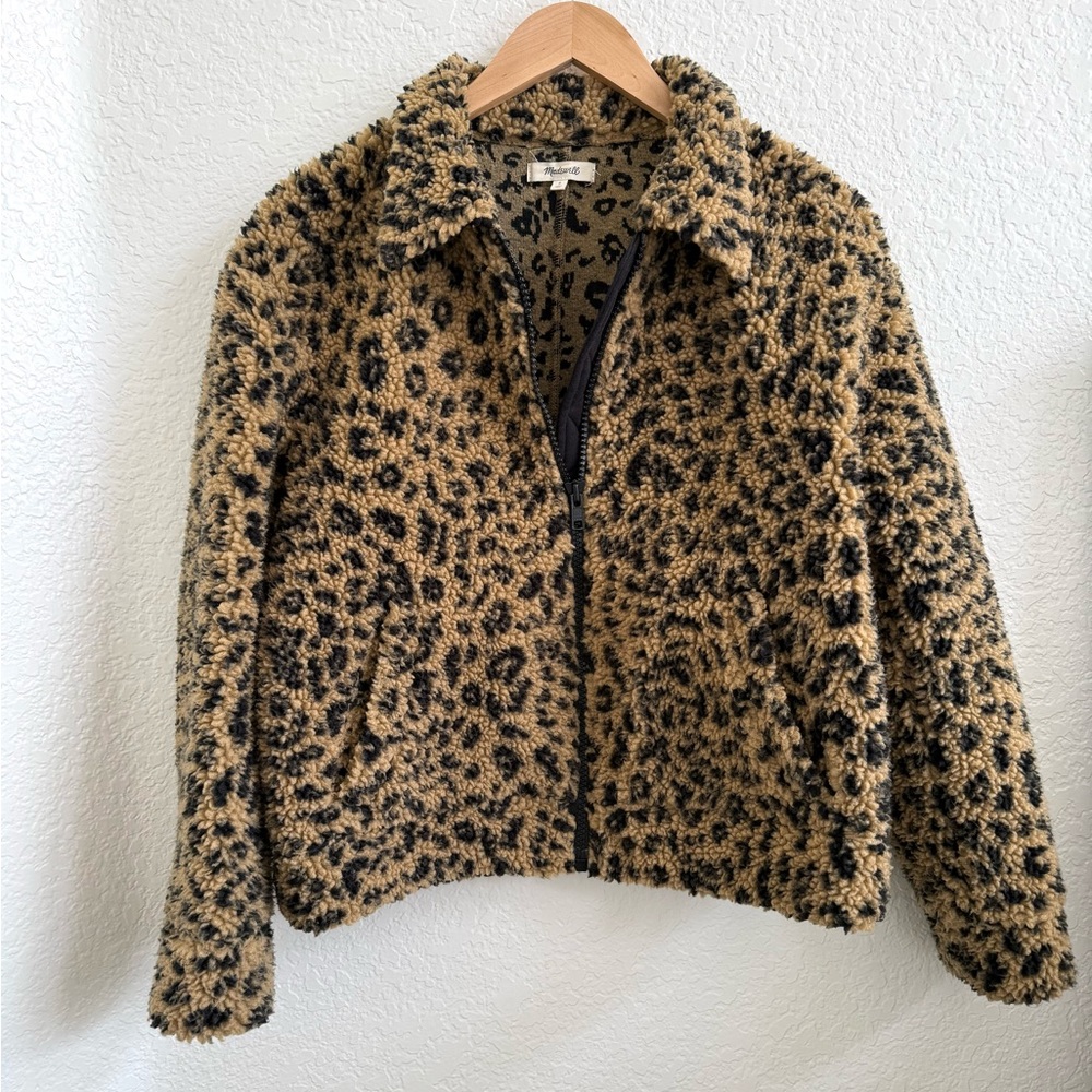 Madewell Sherpa Bomber Jacket in Leopard Animal Brown Black Small S - Picture 3 of 8